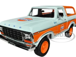 1978 Ford Bronco Light Blue and Orange Gulf Oil Gulf Die Cast Collection 1/24 Diecast Model Car Motormax 79662GULF