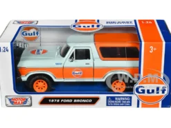1978 Ford Bronco Light Blue and Orange Gulf Oil Gulf Die Cast Collection 1/24 Diecast Model Car Motormax 79662GULF