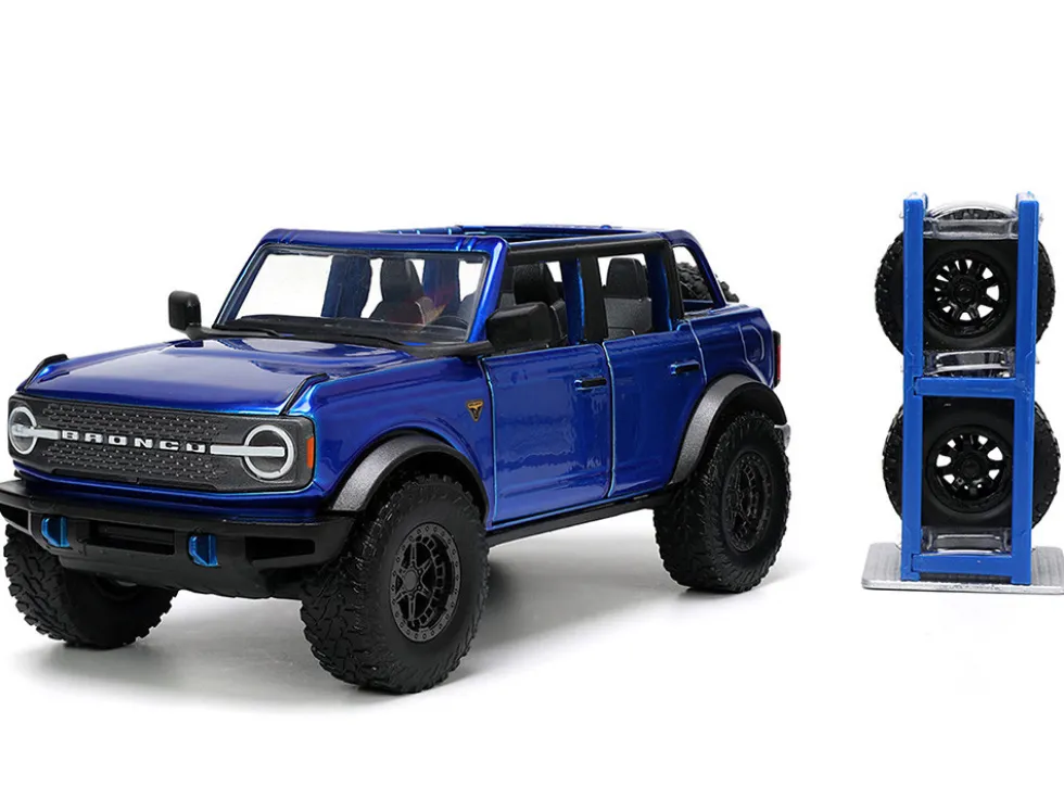 2021 Ford Bronco Open-Top Candy Blue Metallic with Extra Wheels "Just Trucks" Series 1/24 Diecast Model Car by Jada