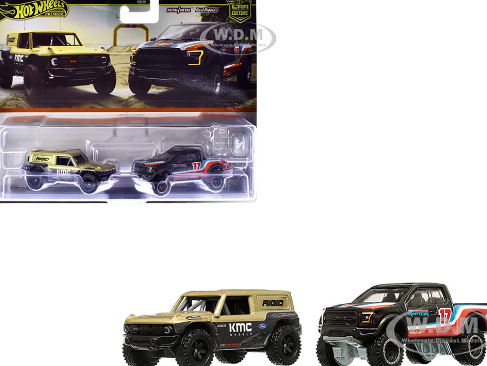 Ford Bronco R Gold Metallic and Black and 2017 Ford F-150 Raptor Pickup Truck #17 Black with Stripes "Car Culture" Set of 2 Cars Diecast Model Cars by Hot Wheels
