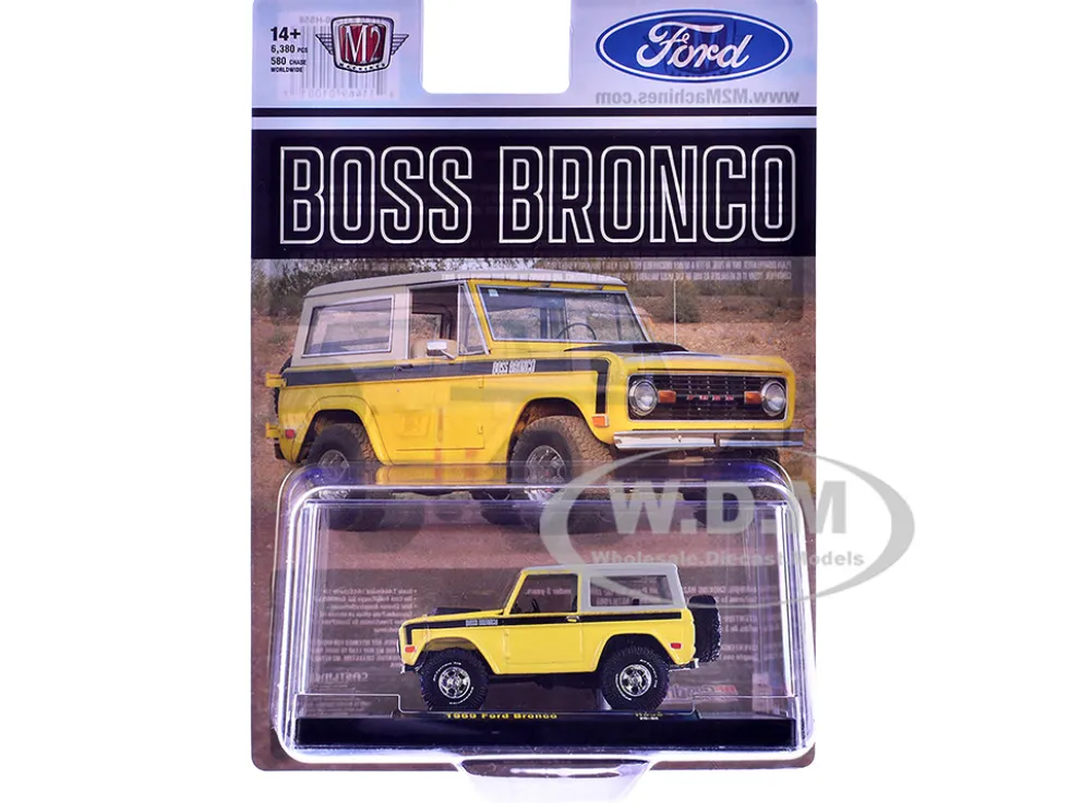 1969 Ford Bronco Yellow with Black Stripes and Gray Top Limited Edition to 6380 pieces Worldwide 1/64 Diecast Model Car by M2 Machines