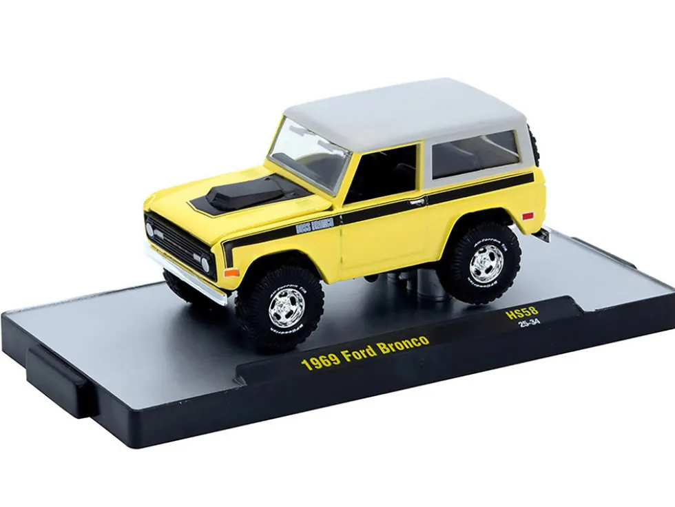1969 Ford Bronco Yellow with Black Stripes and Gray Top Limited Edition to 6380 pieces Worldwide 1/64 Diecast Model Car by M2 Machines