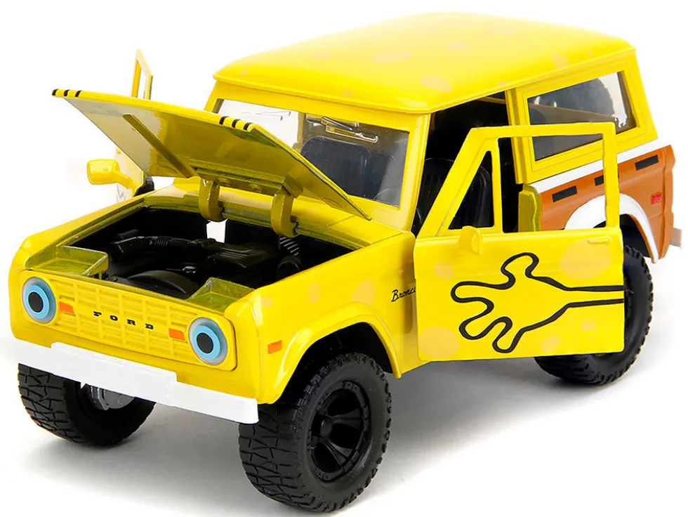 1973 Ford Bronco Yellow with Graphics and SpongeBob SquarePants Diecast Figure "SpongeBob SquarePants" (1999–Current) TV Series "Hollywood Rides" Series 1/24 Diecast Model Car by Jada