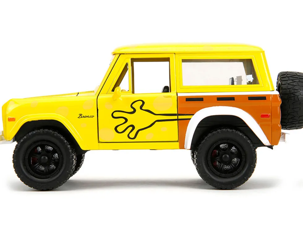 1973 Ford Bronco Yellow with Graphics and SpongeBob SquarePants Diecast Figure "SpongeBob SquarePants" (1999–Current) TV Series "Hollywood Rides" Series 1/24 Diecast Model Car by Jada