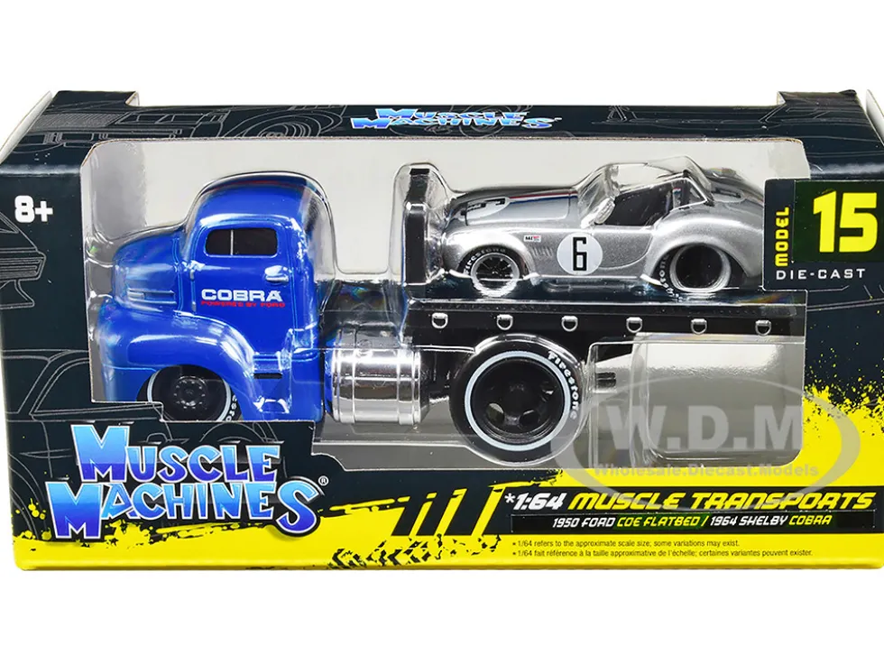 1950 Ford COE Flatbed Truck Blue Cobra Powered by Ford 1964 Shelby Cobra #6 Silver Metallic Stripes Muscle Transports Series 1/64 Diecast Model Cars Muscle Machines 11548SIL