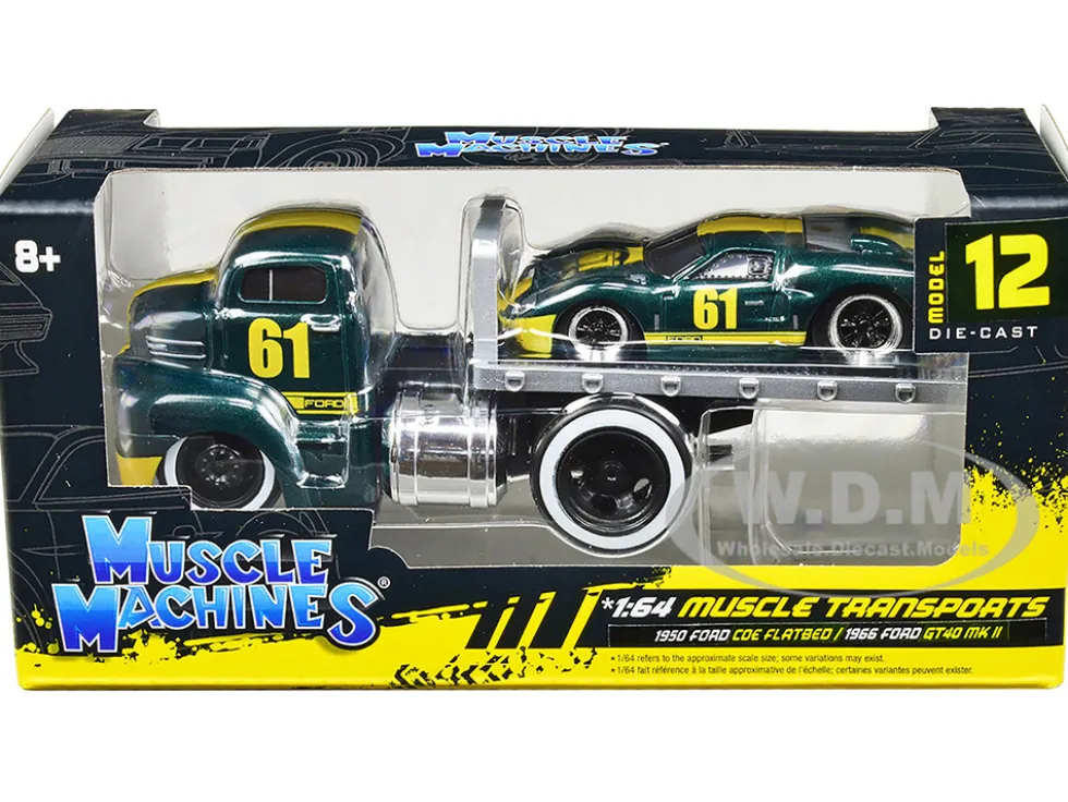 1950 Ford COE Flatbed Truck #61 1966 Ford GT40 MK II #61 Green Metallic Yellow Stripes Muscle Transports Series 1/64 Diecast Model Cars Muscle Machines 11547