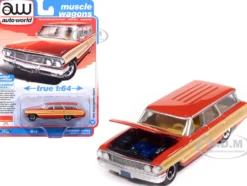 1964 Ford Country Squire Poppy Red with Woodgrain Sides "Muscle Wagons" Series 1/64 Diecast Model Car by Auto World