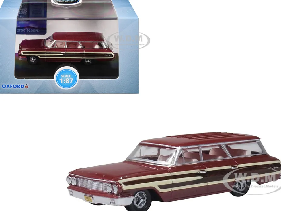 1964 Ford Country Station Wagon Squire Vintage Burgundy with Woodgrain Sides and White Interior 1/87 (HO) Scale Diecast Model Car by Oxford Diecast