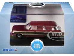 1964 Ford Country Station Wagon Squire Vintage Burgundy with Woodgrain Sides and White Interior 1/87 (HO) Scale Diecast Model Car by Oxford Diecast