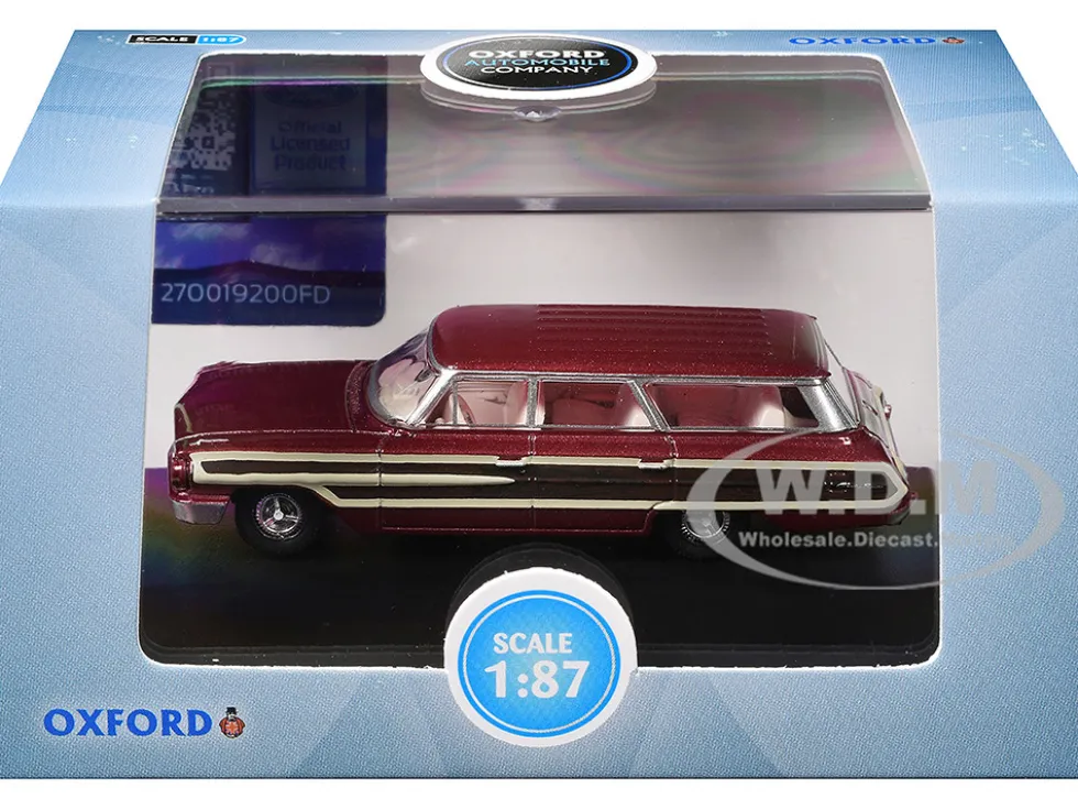 1964 Ford Country Station Wagon Squire Vintage Burgundy with Woodgrain Sides and White Interior 1/87 (HO) Scale Diecast Model Car by Oxford Diecast