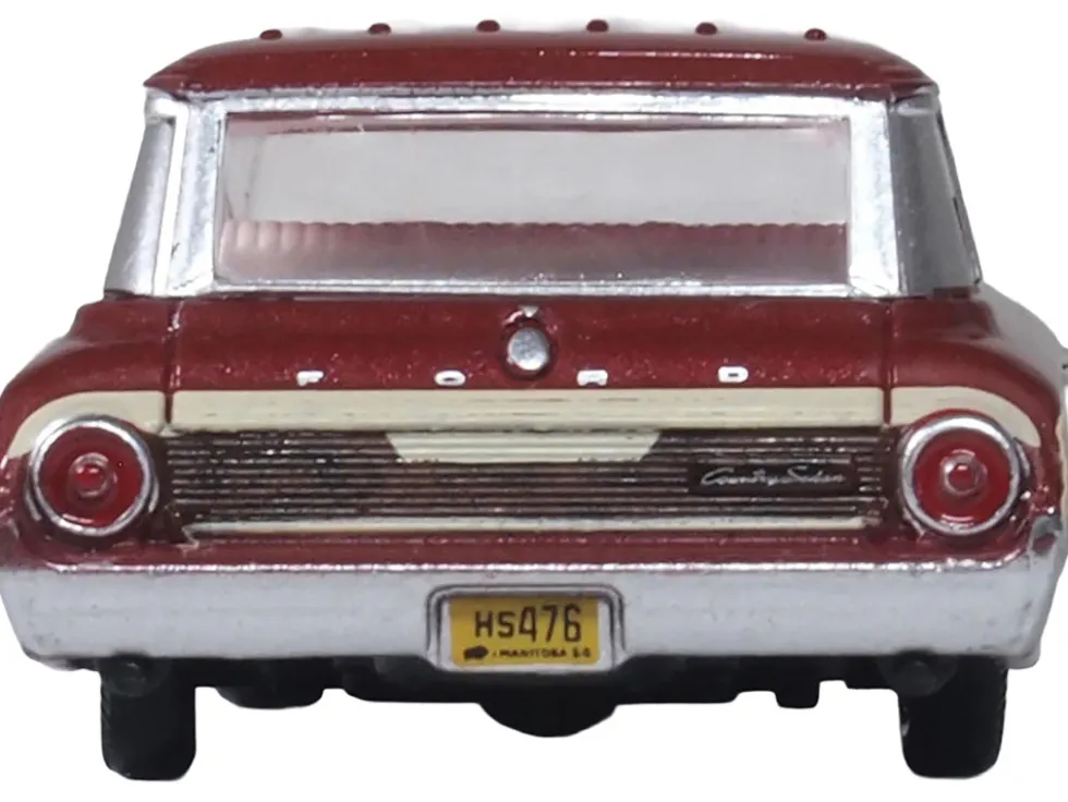 1964 Ford Country Station Wagon Squire Vintage Burgundy with Woodgrain Sides and White Interior 1/87 (HO) Scale Diecast Model Car by Oxford Diecast