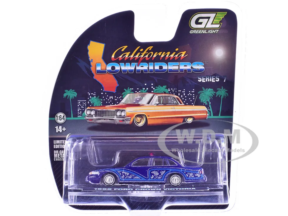1992 Ford Crown Victoria Lowrider Blue with Graphics and Lightbar "California Lowriders" Series 7 1/64 Diecast Model Car by Greenlight