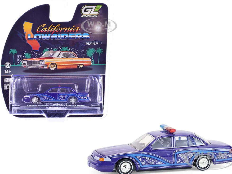 1992 Ford Crown Victoria Lowrider Blue with Graphics and Lightbar "California Lowriders" Series 7 1/64 Diecast Model Car by Greenlight
