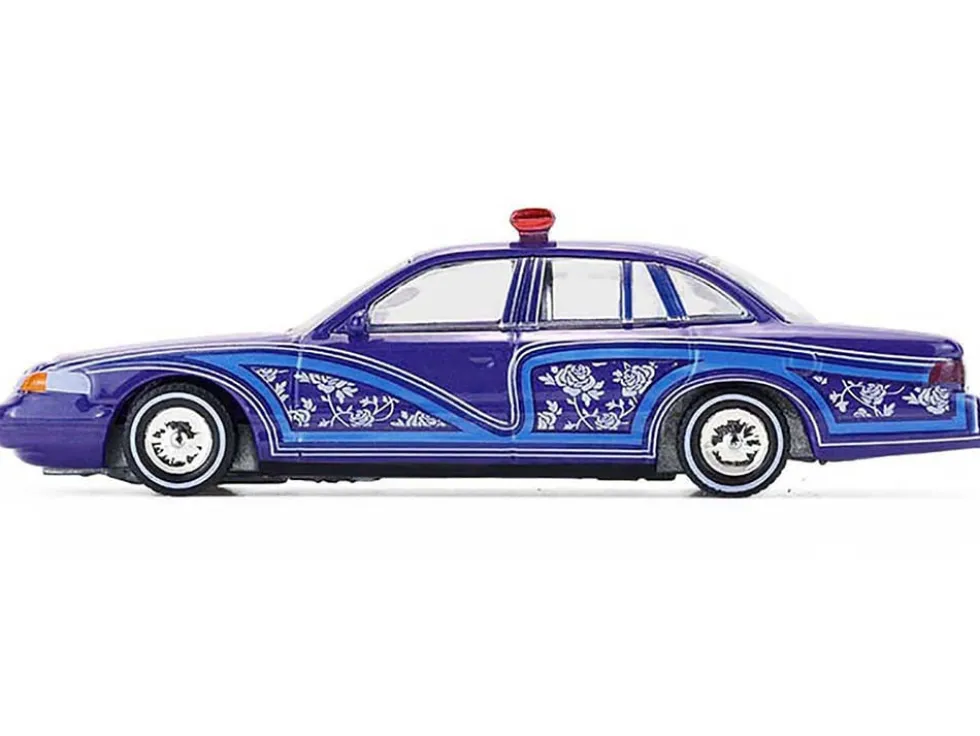 1992 Ford Crown Victoria Lowrider Blue with Graphics and Lightbar "California Lowriders" Series 7 1/64 Diecast Model Car by Greenlight