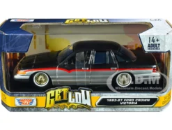 1993-1997 Ford Crown Victoria Lowrider Black Metallic Silver Red Stripes Get Low Series 1/24 Diecast Model Car Motormax 79024