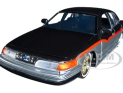 1993-1997 Ford Crown Victoria Lowrider Black Metallic Silver Red Stripes Get Low Series 1/24 Diecast Model Car Motormax 79024
