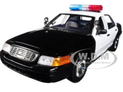 2001 Ford Crown Victoria Police Car Plain Black & White with Flashing Light Bar Front and Rear Lights and Sound 1/18 Diecast Model Car Motormax 73991