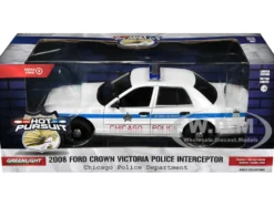2008 Ford Crown Victoria Police Interceptor CAPS White Blue Stripes Chicago Police Department Hot Pursuit Series 1/24 Diecast Model Car Greenlight 85533