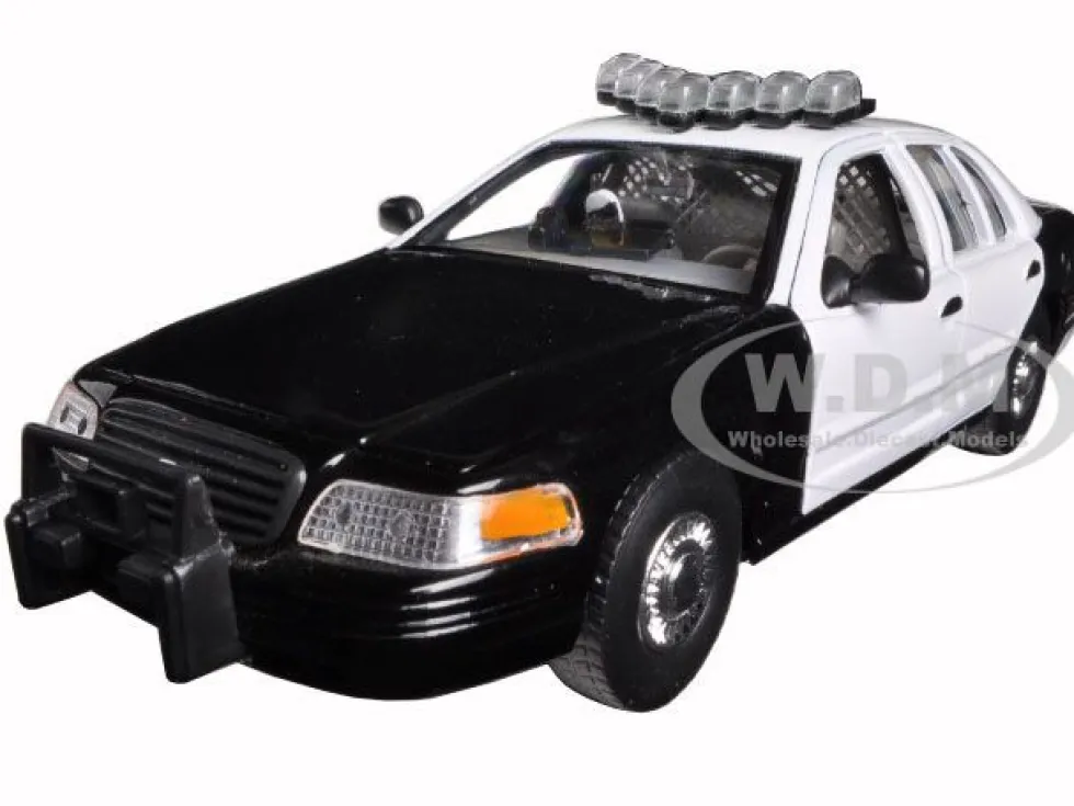 1999 Ford Crown Victoria Unmarked Police Car Black/White In Display Case with Light Bar and Push Bar 1/24 Diecast Model Car Welly SH2082S-BSW