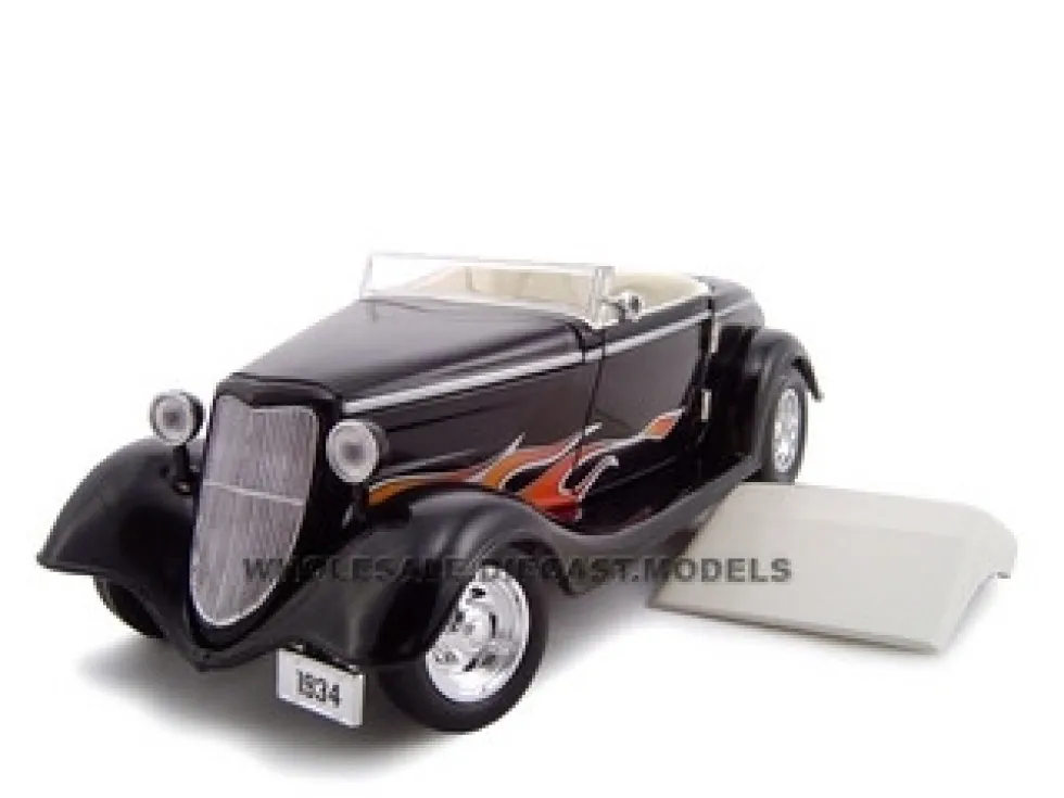 1934 Ford Custom Convertible Black With Flames 1/24 Diecast Car Model Unique Replicas 18541