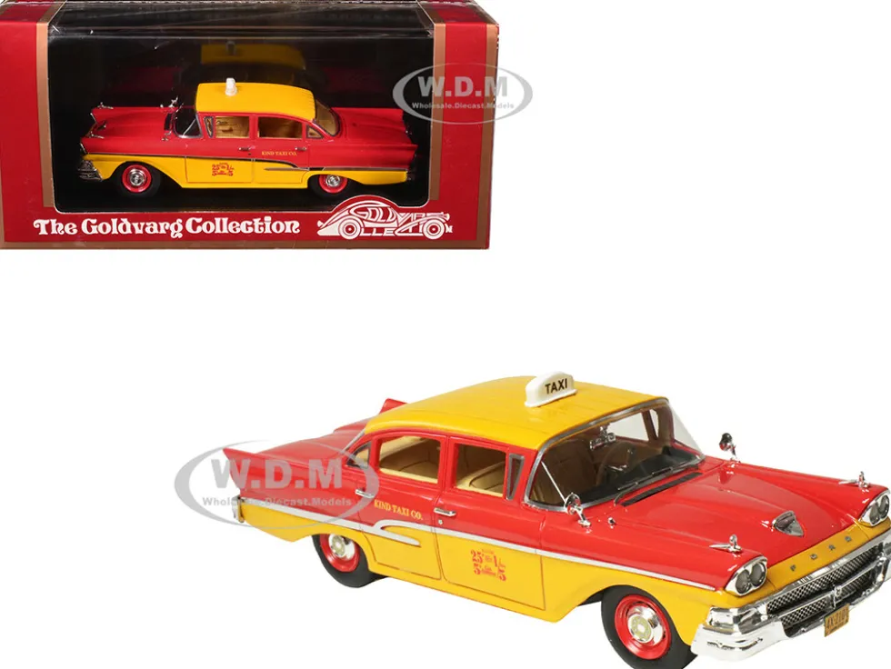 1958 Ford Custom 300 Taxi Cab "Kind Taxi Co." Red and Yellow with Yellow Interior Limited Edition to 200 pieces Worldwide 1/43 Model Car by Goldvarg Collection