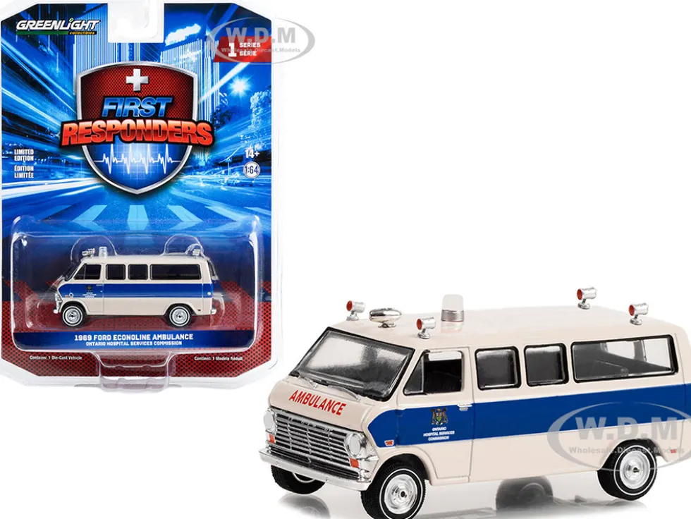 1969 Ford Econoline Ambulance Beige Blue Stripes Ontario Hospital Services Commission Ontario Canada First Responders Series 1 1/64 Diecast Model Car Greenlight 67040A