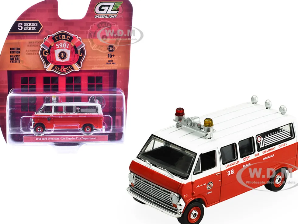 1969 Ford Econoline Ambulance "Los Angeles Fire Department" Red and White "Fire & Rescue" Series #5 1/64 Diecast Model Car by Greenlight