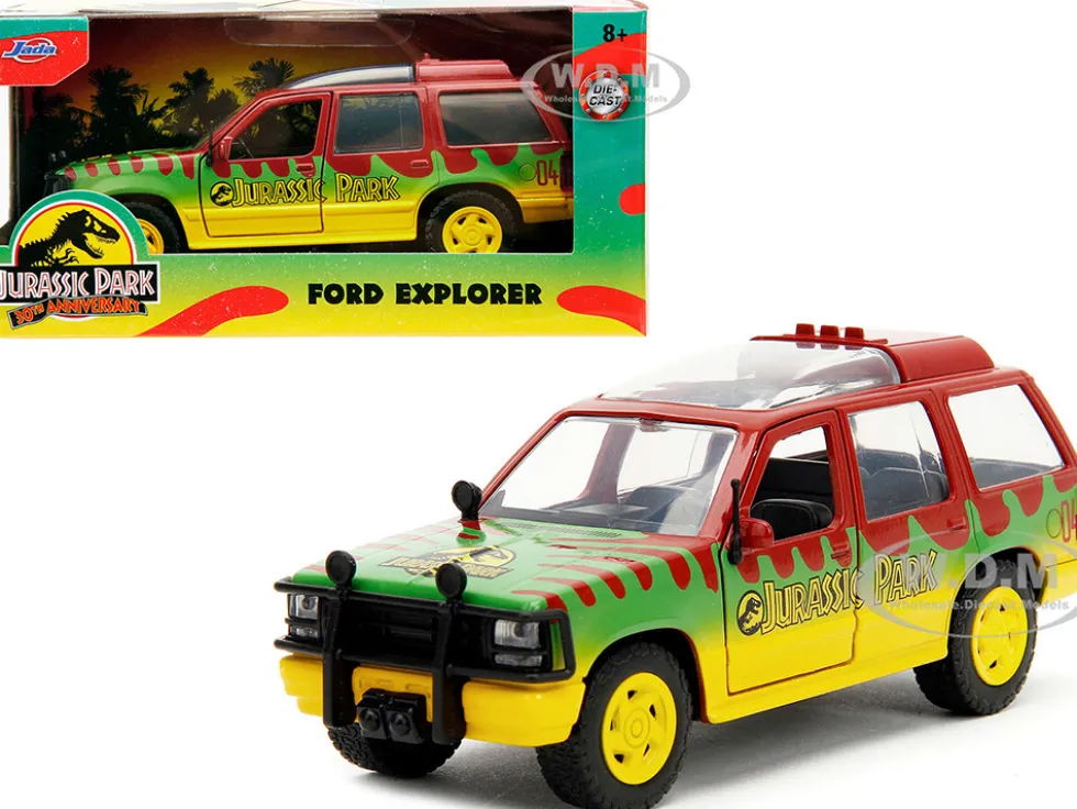 Ford Explorer Red and Yellow with Green Graphics Jurassic Park 1993 Movie 30th Anniversary Hollywood Rides Series 1/32 Diecast Model Car Jada JA31956