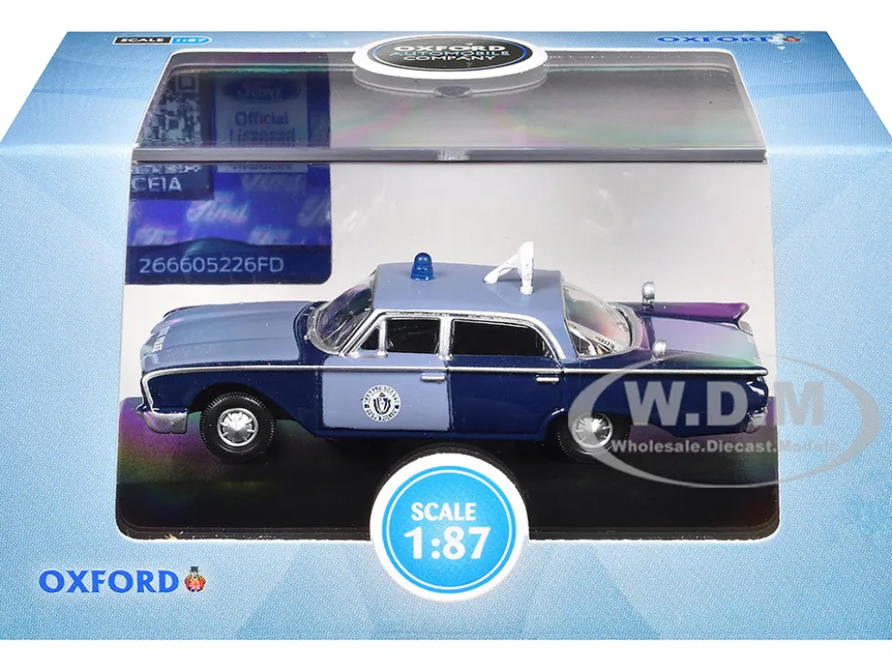 1960 Ford Fairlane Sedan "Massachusetts State Police Radar Car" Blue Two-Tone 1/87 (HO) Scale Diecast Model Car by Oxford Diecast
