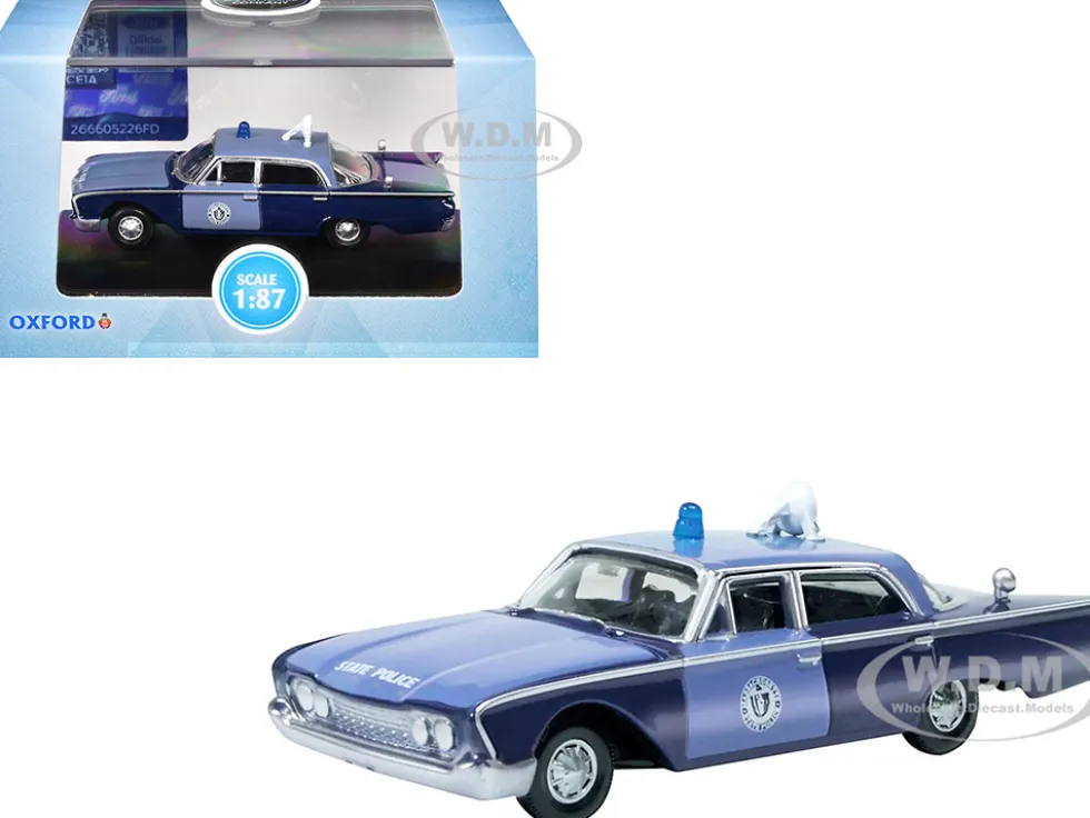 1960 Ford Fairlane Sedan "Massachusetts State Police Radar Car" Blue Two-Tone 1/87 (HO) Scale Diecast Model Car by Oxford Diecast