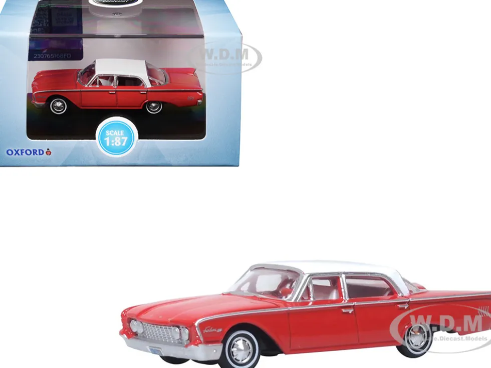 1960 Ford Fairlane Sedan 500 Monte Carlo Red with Corinthian White Top and Interior 1/87 (HO) Scale Diecast Model Car by Oxford Diecast