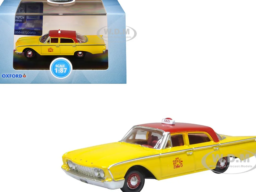 1960 Ford Fairlane Sedan "NYC Taxi" Yellow with Red Top and Interior 1/87 (HO) Scale Diecast Model Car by Oxford Diecast