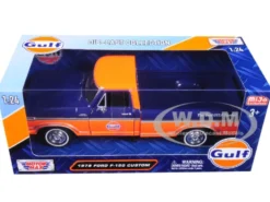 1979 Ford F-150 Custom Pickup Truck Gulf Dark Blue Orange 1/24 Diecast Model Car Motormax 79652
