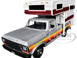1979 Ford F-150 Custom Pickup Truck Silver Metallic with Side Stripes with Camper Shell "American Classics" Series 1/24 Diecast Model Car by Motormax