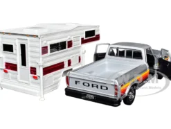 1979 Ford F-150 Custom Pickup Truck Silver Metallic with Side Stripes with Camper Shell 