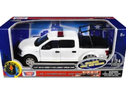 2019 Ford F-150 Lariat Crew Cab Pickup Truck with Bed Cage White with Flashing Light Bar and Front and Rear Lights and Sounds 1/27 Diecast Model Car by Motormax