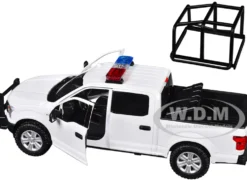 2019 Ford F-150 Lariat Crew Cab Pickup Truck with Bed Cage White with Flashing Light Bar and Front and Rear Lights and Sounds 1/27 Diecast Model Car by Motormax