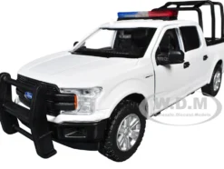2019 Ford F-150 Lariat Crew Cab Pickup Truck with Bed Cage White with Flashing Light Bar and Front and Rear Lights and Sounds 1/27 Diecast Model Car by Motormax