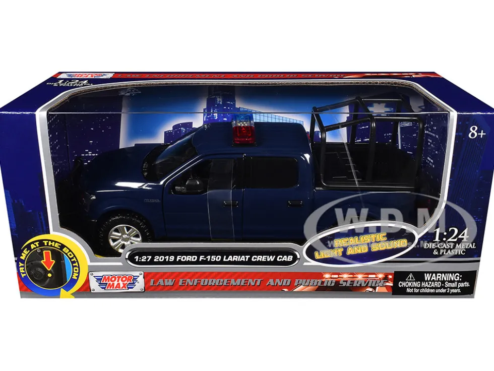 2019 Ford F-150 Lariat Crew Cab Pickup Truck with Bed Cage Dark Blue with Flashing Light Bar and Front and Rear Lights and Sounds 1/27 Diecast Model Car by Motormax