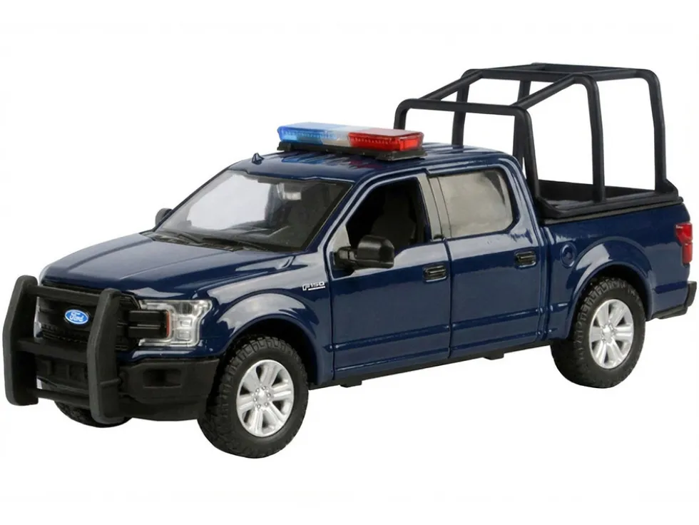 2019 Ford F-150 Lariat Crew Cab Pickup Truck with Bed Cage Dark Blue with Flashing Light Bar and Front and Rear Lights and Sounds 1/27 Diecast Model Car by Motormax
