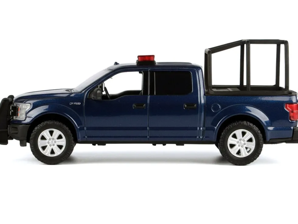 2019 Ford F-150 Lariat Crew Cab Pickup Truck with Bed Cage Dark Blue with Flashing Light Bar and Front and Rear Lights and Sounds 1/27 Diecast Model Car by Motormax