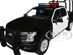 2019 Ford F-150 Lariat Crew Cab Pickup Truck with Bed Cage Black and White with Flashing Light Bar and Front and Rear Lights and Sounds 1/27 Diecast Model Car by Motormax