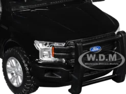 2019 Ford F-150 Lariat Crew Cab Pickup Truck with Bed Cage Black and White with Flashing Light Bar and Front and Rear Lights and Sounds 1/27 Diecast Model Car by Motormax