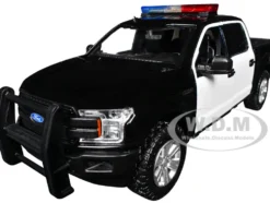 2019 Ford F-150 Lariat Crew Cab Pickup Truck Black and White with Flashing Light Bar and Front and Rear Lights and Sounds 1/27 Diecast Model Car by Motormax