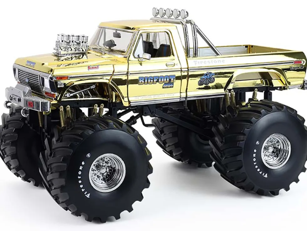 1979 Ford F-250 Monster Truck "Bigfoot #1 50th Anniversary" Gold Chrome with Bob Chandler Standing Figure "Kings of Crunch" Series 1/18 Diecast Model Car by Greenlight