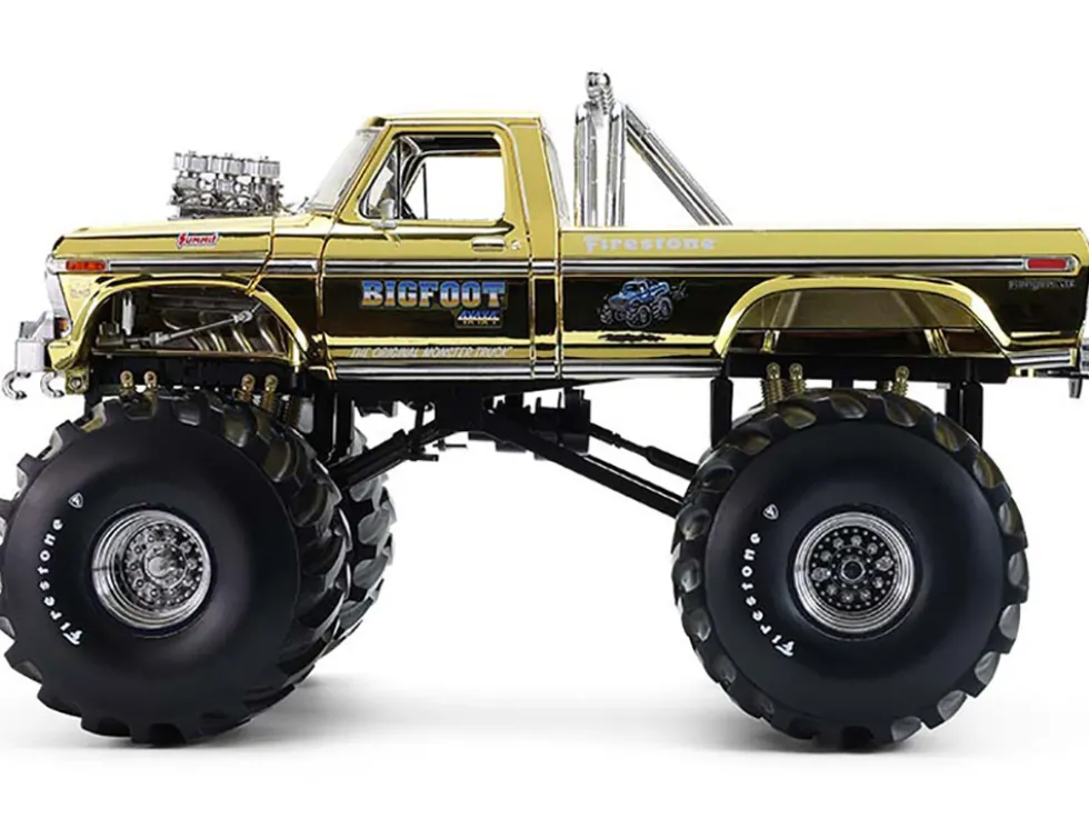 1979 Ford F-250 Monster Truck "Bigfoot #1 50th Anniversary" Gold Chrome with Bob Chandler Standing Figure "Kings of Crunch" Series 1/18 Diecast Model Car by Greenlight