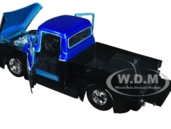 1956 Ford F 100 Pickup Truck Black and Blue Metallic with Ford Graphics Just Trucks Series 1/24 Diecast Model Car Jada 34307