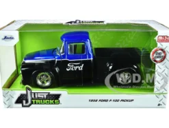 1956 Ford F 100 Pickup Truck Black and Blue Metallic with Ford Graphics Just Trucks Series 1/24 Diecast Model Car Jada 34307