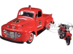 1948 Ford F-1 Pickup Truck Harley Davidson Fire With 1936 El Knucklehead Harley Davidson Motorcycle 1/24 Diecast Model Maisto 32191
