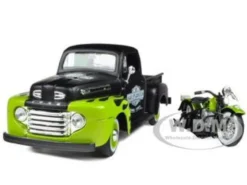 1948 Ford F-1 Pickup Truck Harley Davidson With 1948 FL Panhead Motorcycle Black/Green 1/24 Maisto 32171